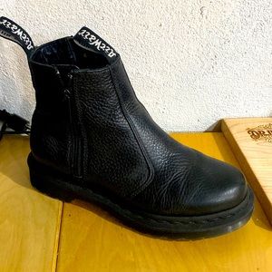 As New. Women’s Doc Marten Aunt Sally Black boots with zips size 6 US in box.